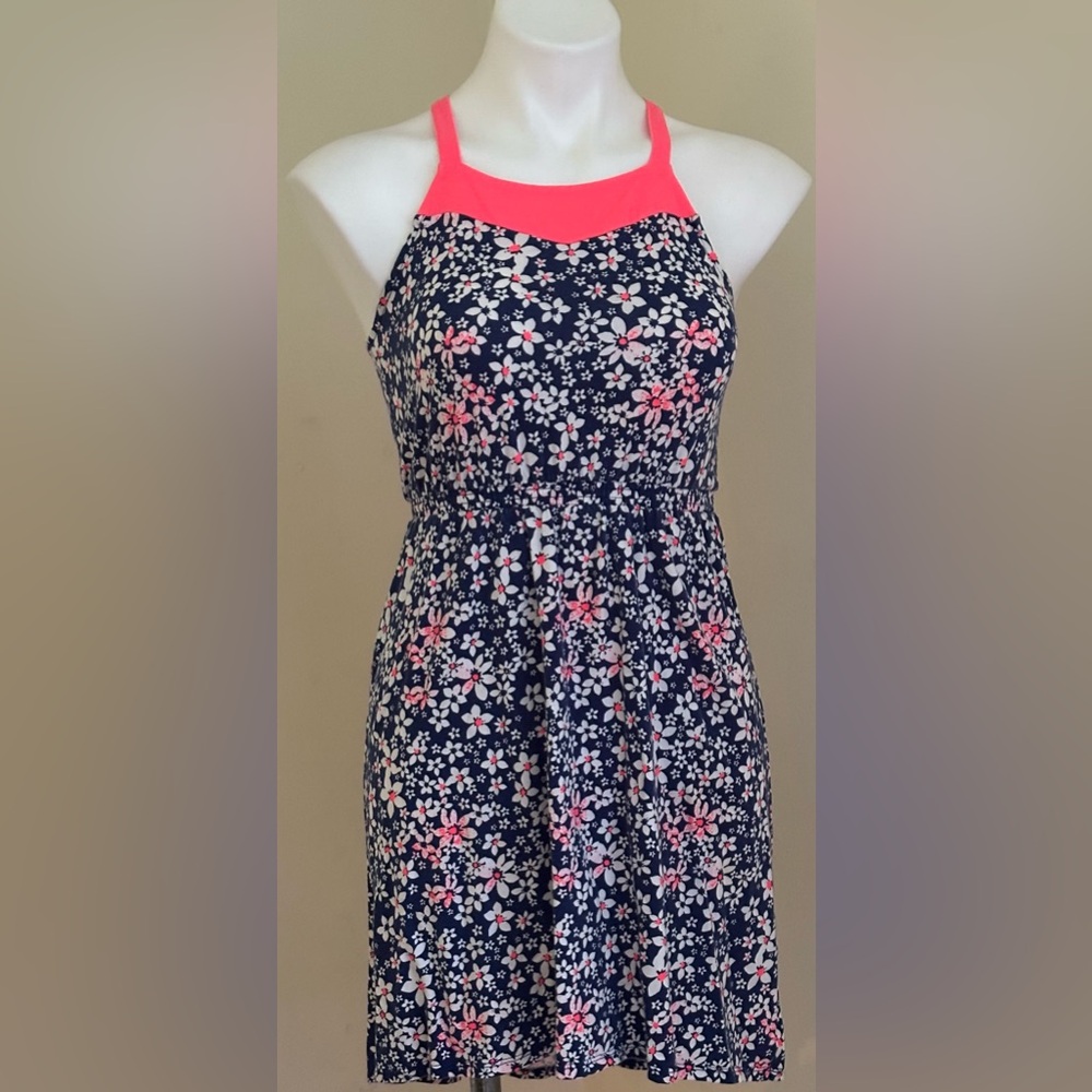 SO HalterTop Fluorescent pink Blue & White Floral Print Summer Dress Sz XS.
